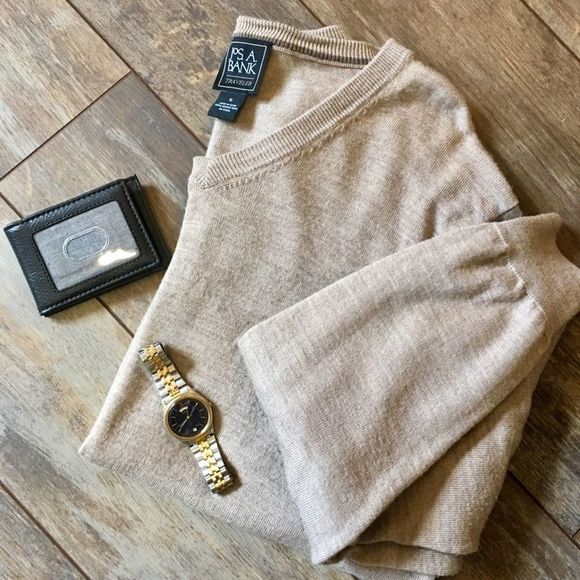 Jos A Bank Sweater V-neck Heathered Beige Classic Fit Size XL EUC - Picture 6 of 6